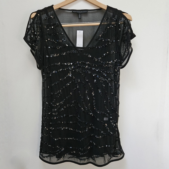 White House Black Market Tops - White House Black Market Split Sleeve OTT Tunic, Sequins Black Sz S NWT
